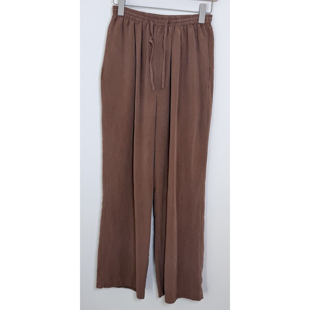 Vintage Terracotta Brown 100% Silk M Straight Leg Pants Elastic Waist Pockets - Picture 3 of 11